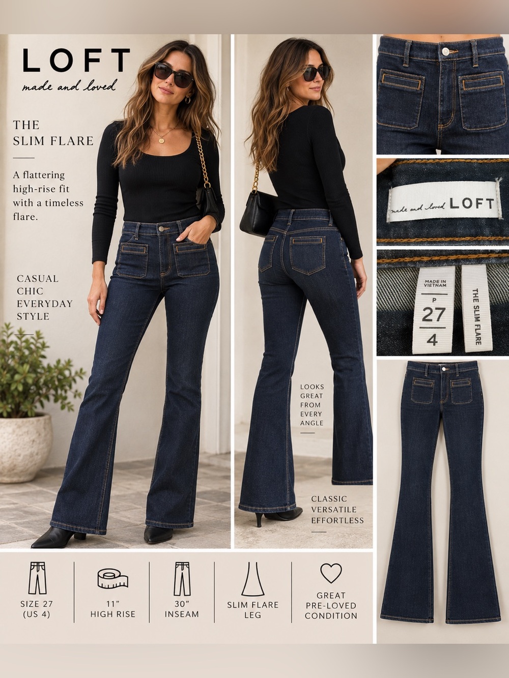 LOFT Made & Loved The Slim Flare Jeans Size 27/4 High Rise Dark Wash 30” Inseam